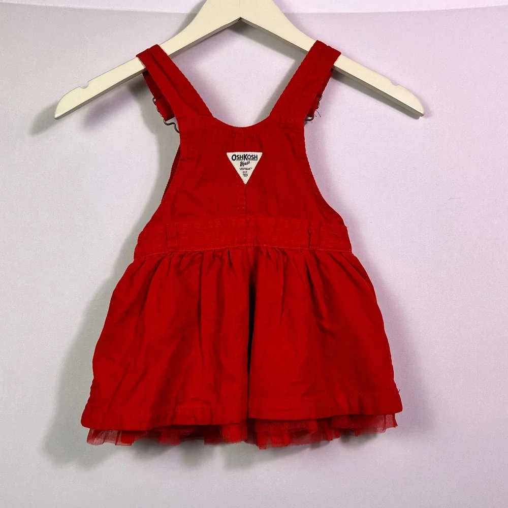 OshKosh Bgosh Girls Red Corduroy Overall Jumper Dress Tulle Trim 2T Vestbak